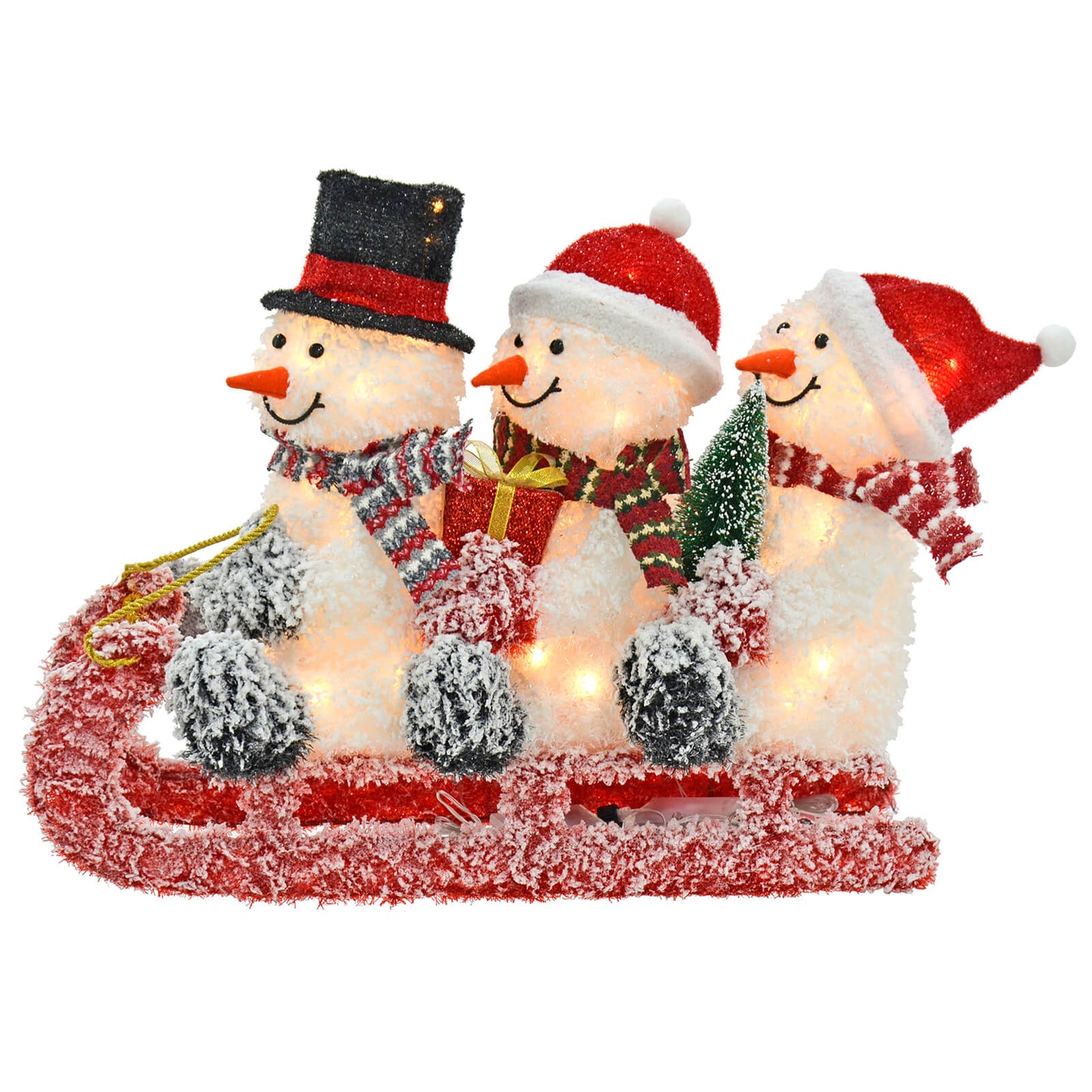 Side view of 3 snowmen on a sledge Christmas decoration with warm white LED lights