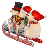 Back view of sledging snowmen Christmas decoration with glitter fabric hats, Christmas tree and gift