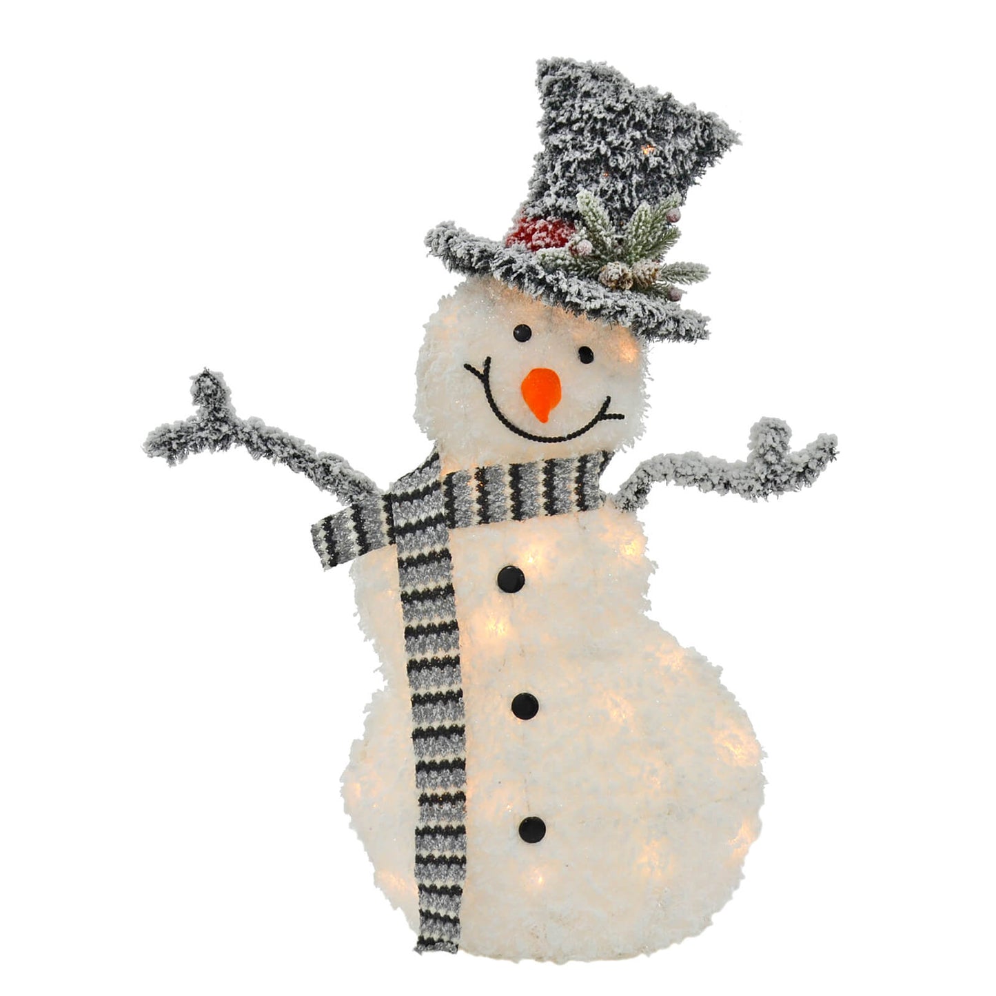 Happy dancing nsowman light up Christmas decoration with top hat, black and grey knitted scarf, pine cones, foliage, orange felt carrot nose and lit by warm white LED lights