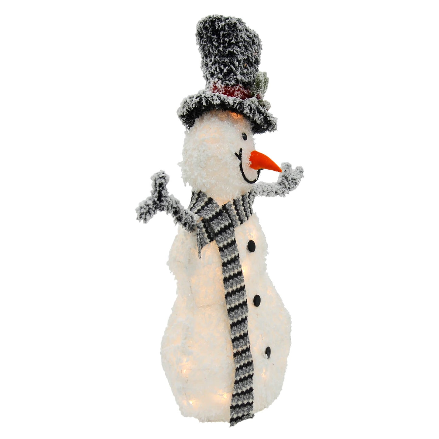 Side view of LED snowman Christmas decoration made from glitter snow, with top hat, pine cones, knitted grey scarf, felt nose and lit by warm white LED lights