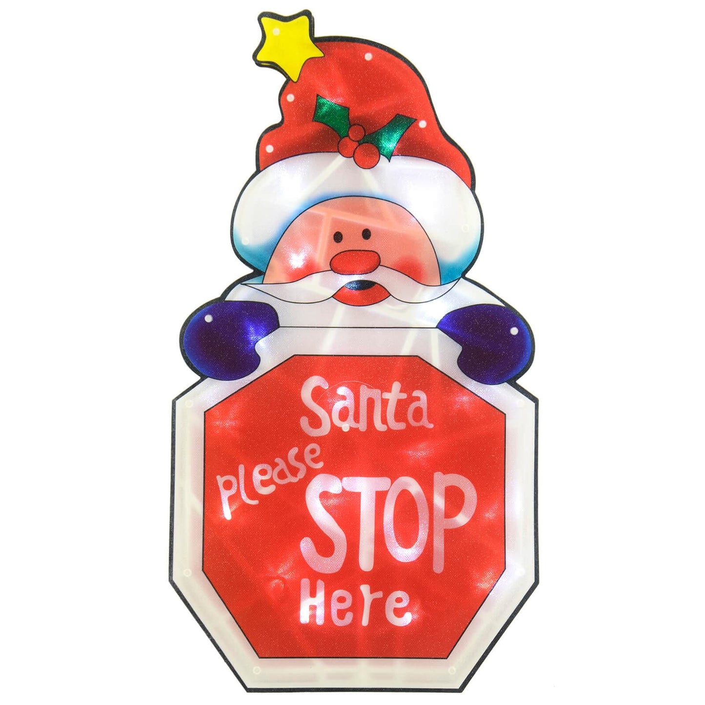 LED Christmas window silhouette light up decoration featuring Santa holding a Santa please stop here sign in red and white