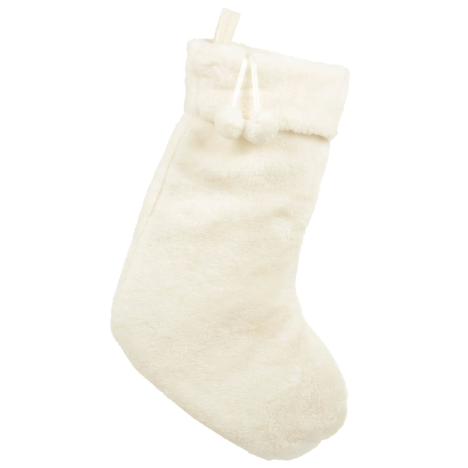 large cream faux fur Christmas stocking with matching pom poms and hanging loop