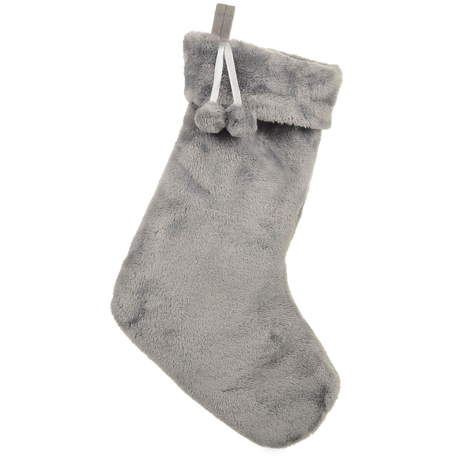 large grey faux fur Christmas stocking with matching pom poms and hanging loop