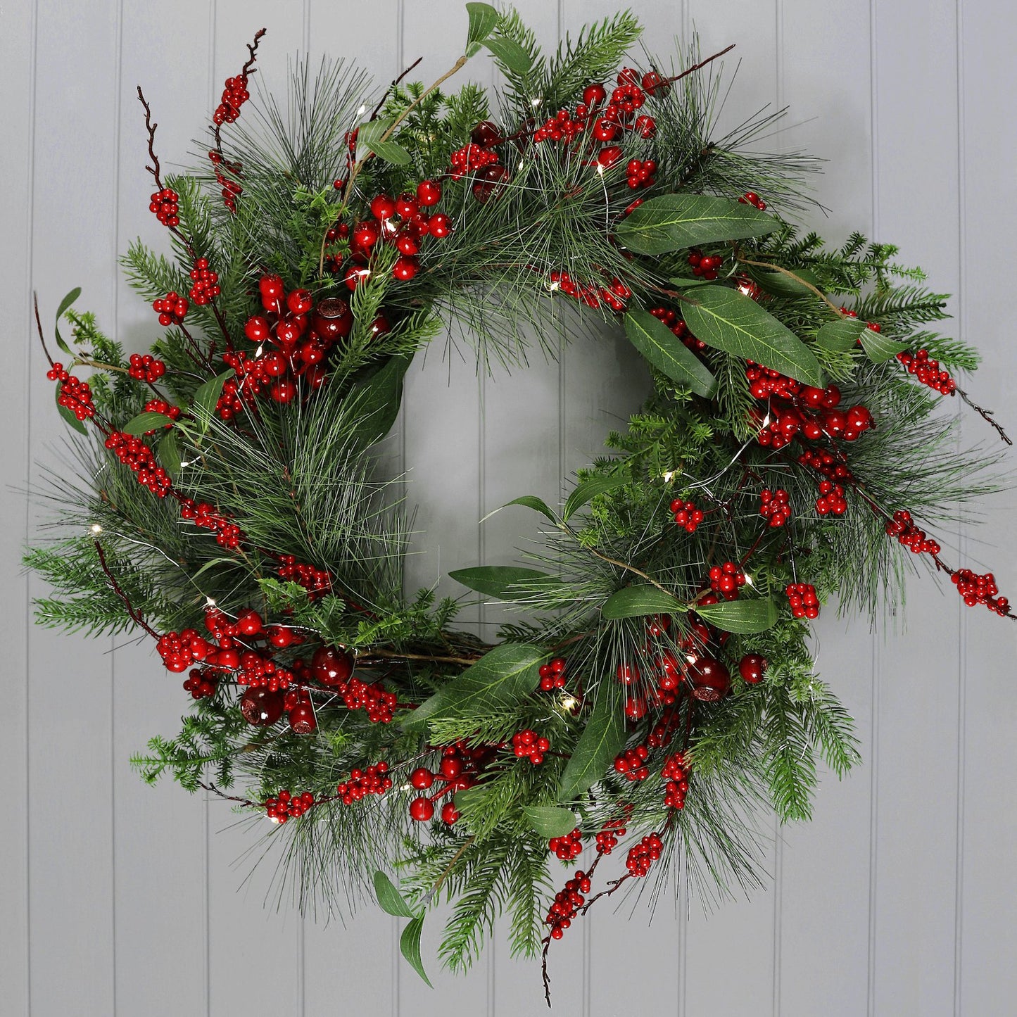 Mr Crimbo 60cm Light Up Christmas Wreath Natural Red Berries - MrCrimbo.co.uk -XS7611 - -