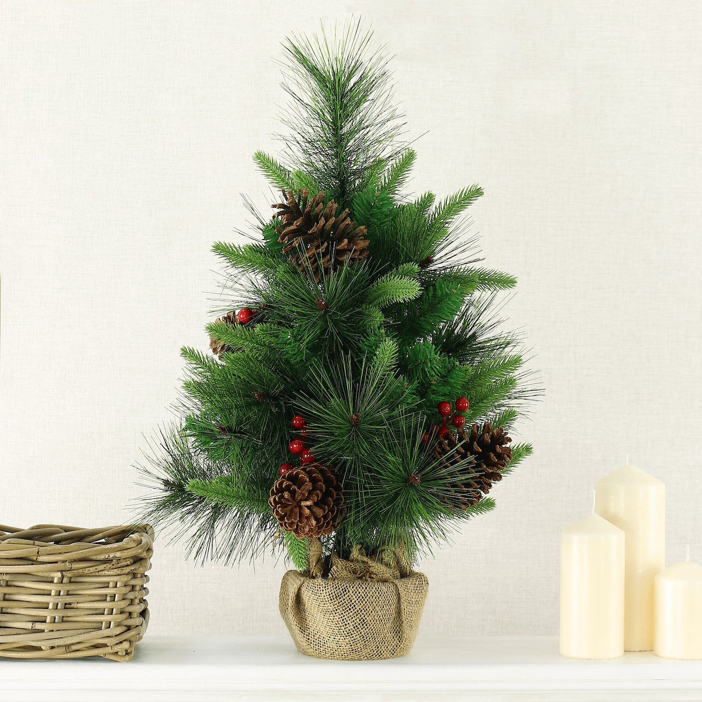 Mr Crimbo 60cm Mini Christmas Tree Pine Cone Berries Hessian - MrCrimbo.co.uk -XS7632 - -artificial christmas tree