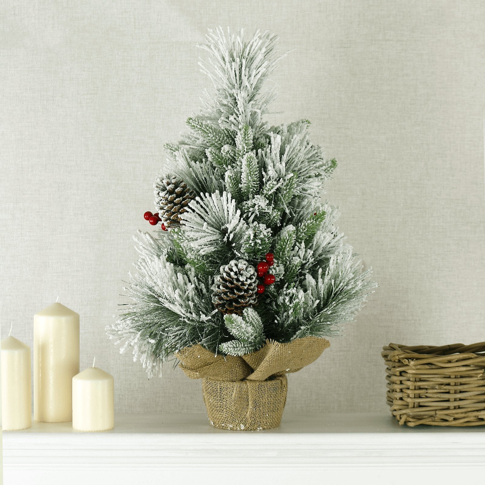 Mr Crimbo 60cm Mini Flocked Christmas Tree Pine Cone Berries - MrCrimbo.co.uk -XS7634 - -2ft christmas tree