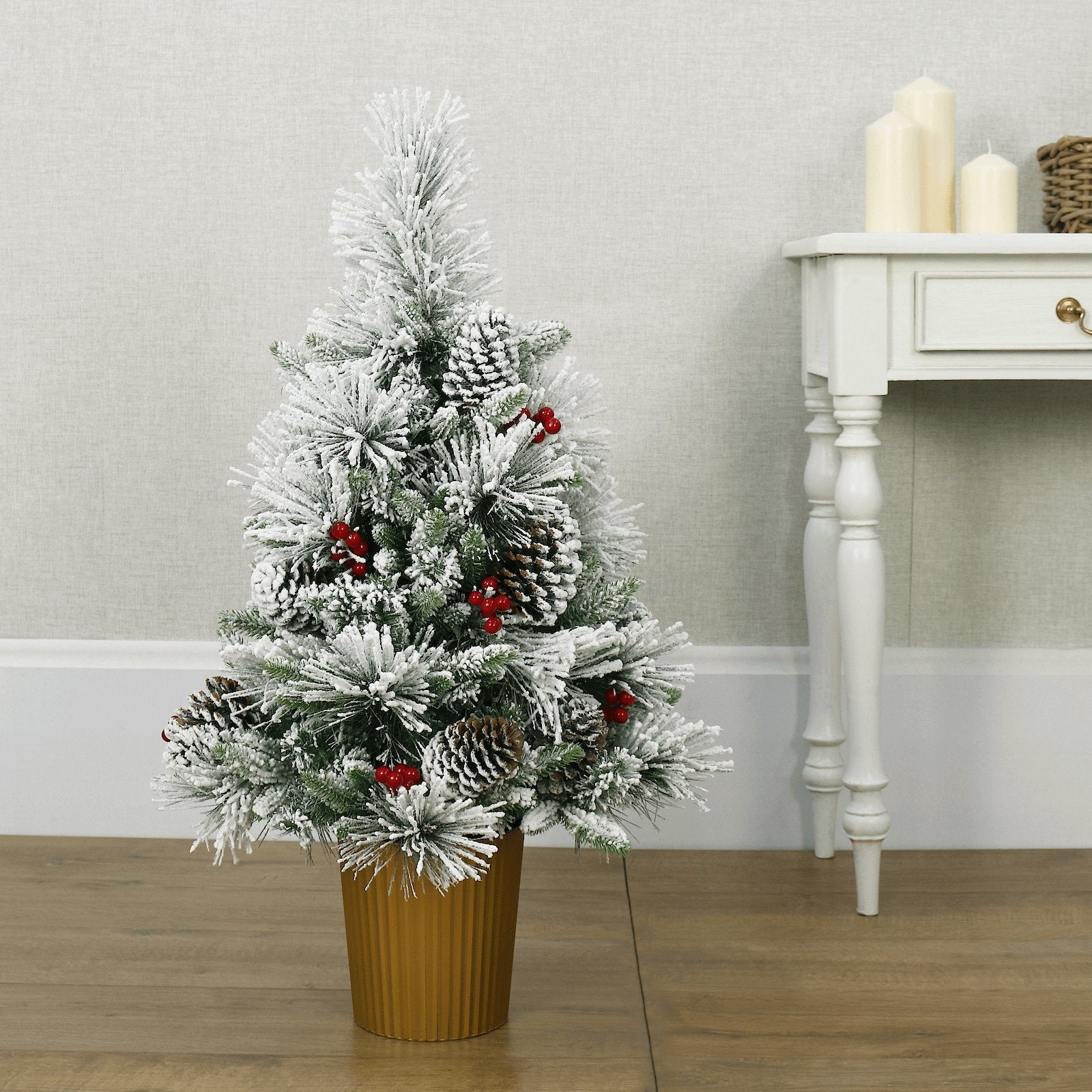 Mr Crimbo 3ft 90cm Potted Snow Flocked Christmas Tree Cones - MrCrimbo.co.uk -XS7635 - -new