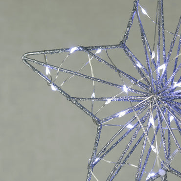 detail shot of bright white LED lights wrapped around silver glitter wire frame on christmas tree topper
