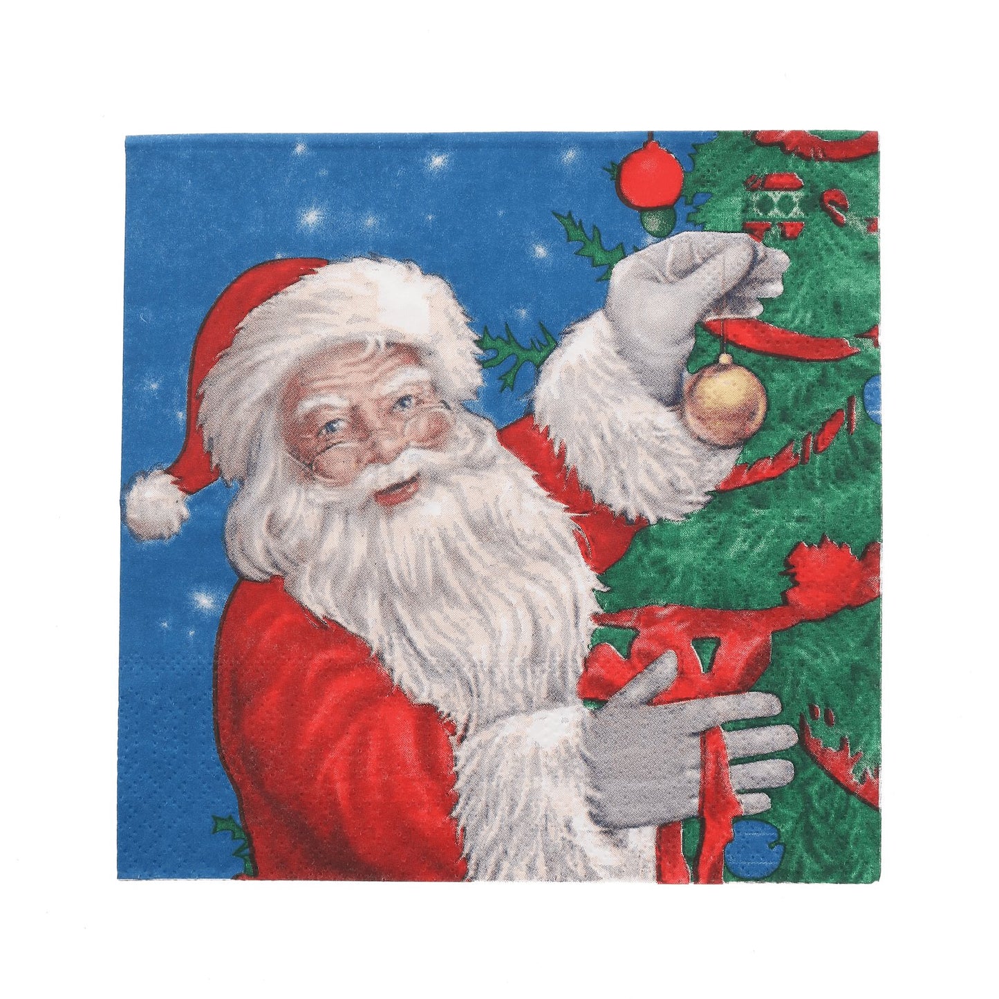 single paper napkin featuring vibrant design with santa claus adding a gold bauble to a christmas tree with red ribbon