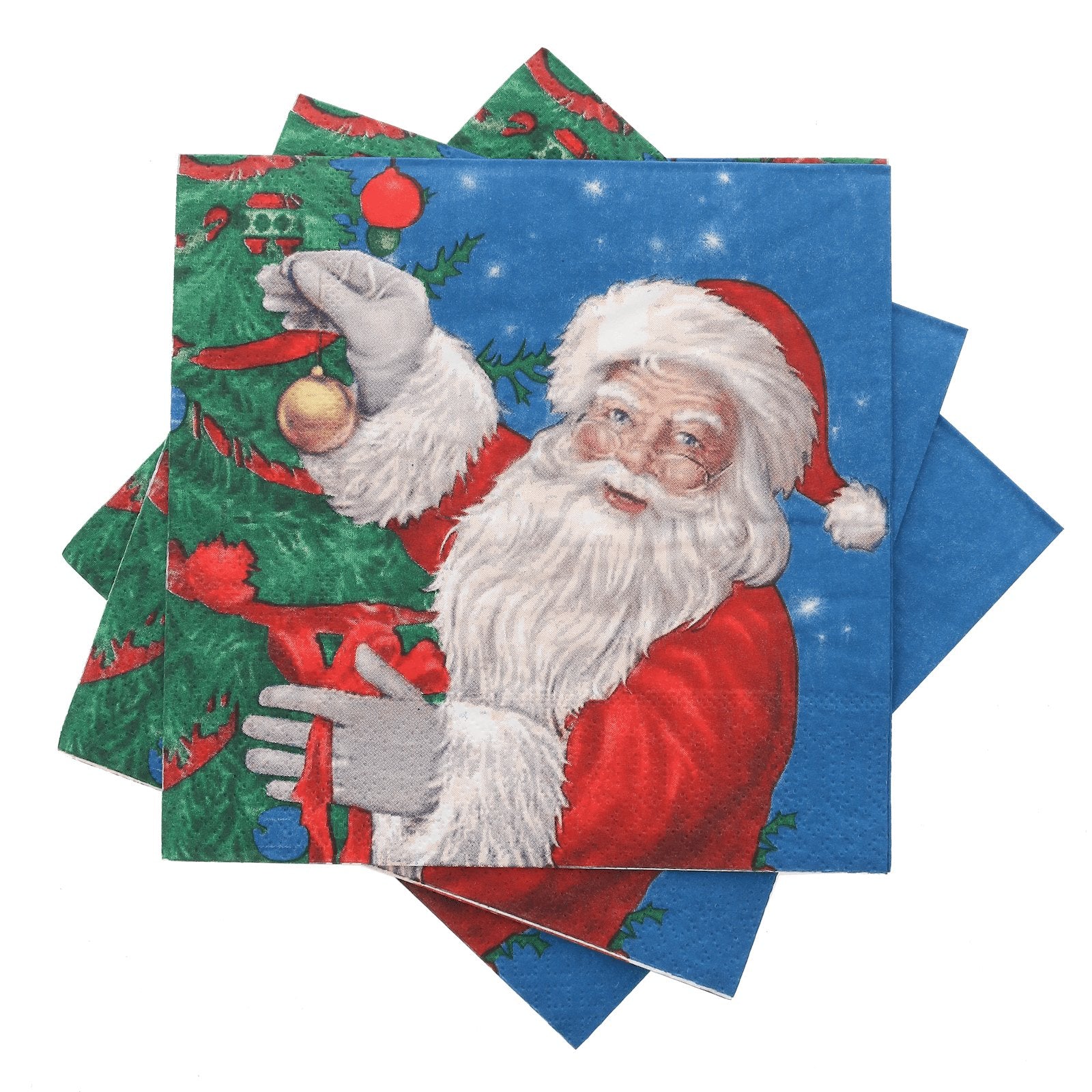 3 napkins featuring vibrant santa design piled on top of each other