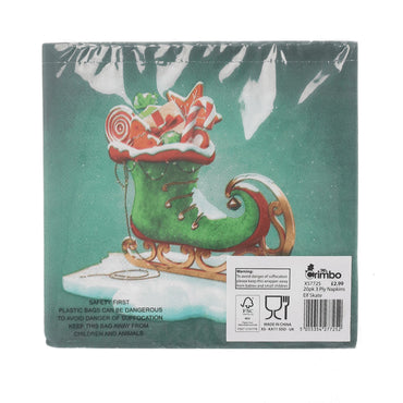 20 pack elf boot vibrant napkins in cellophane wrapper