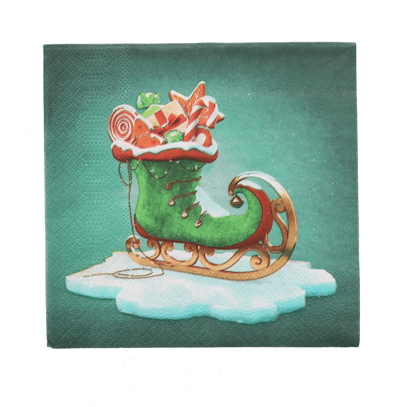 single green elf boot design napkin featuring elf skate filled with christmas gifts