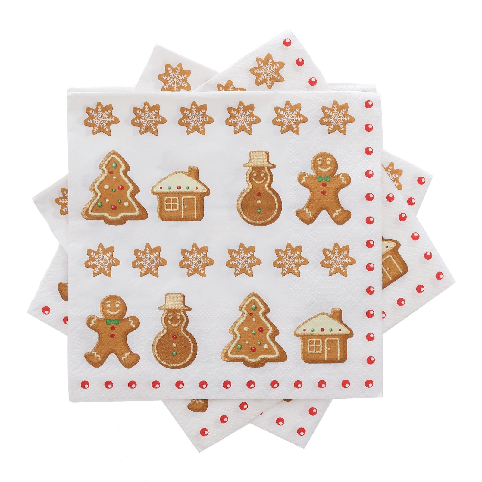 gingerbread theme napkins piled on top of each other on white background