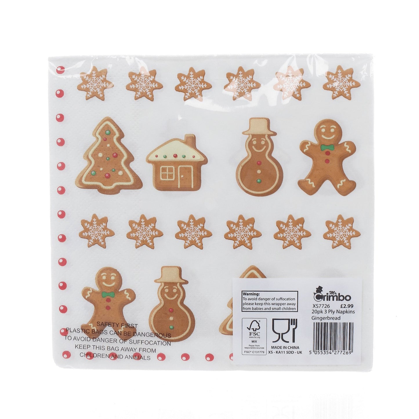 20 pack of gingerbread theme christmas napkins in cellophane packaging