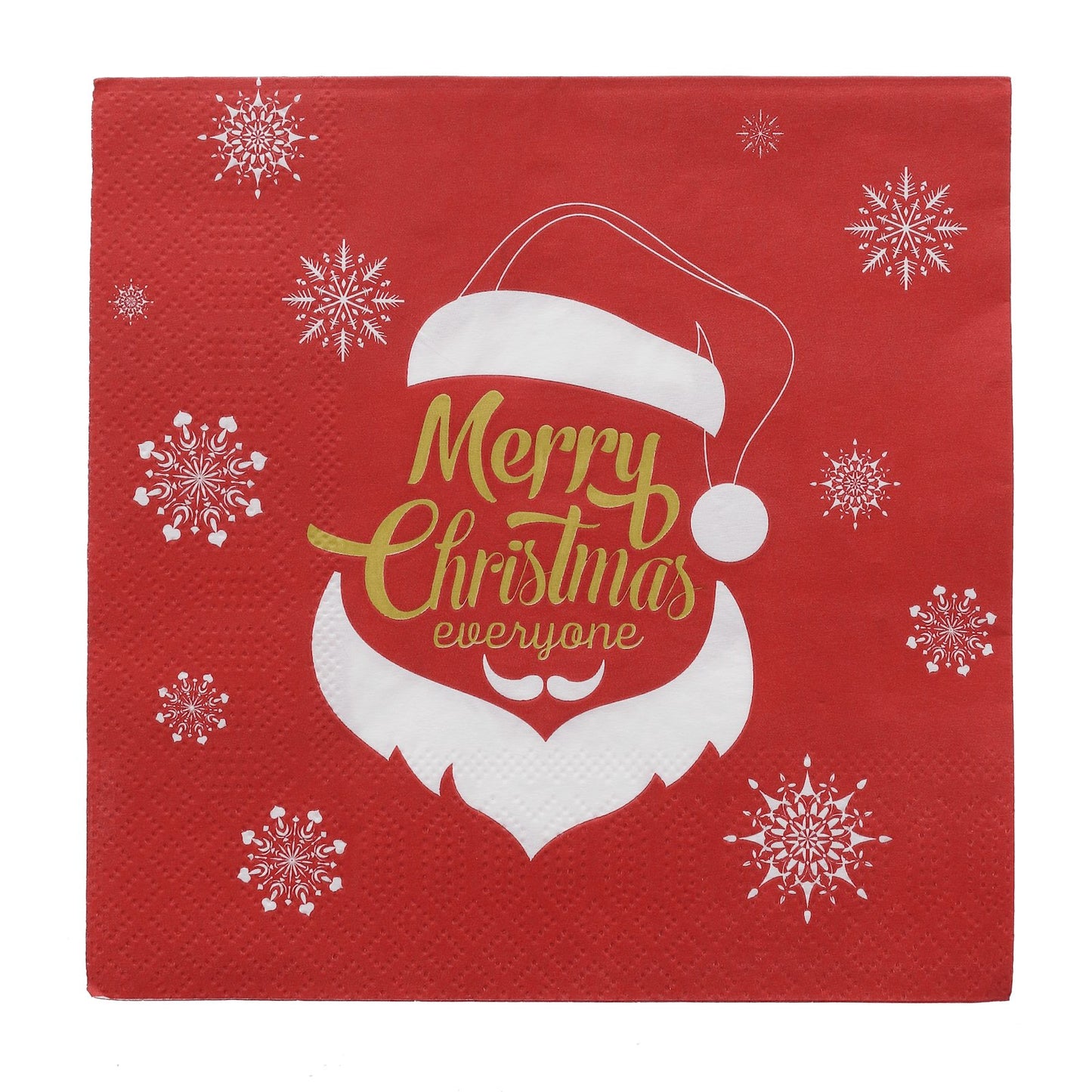 single red merry christmas everyone napkin featuring snowflake pattern with santa head outline