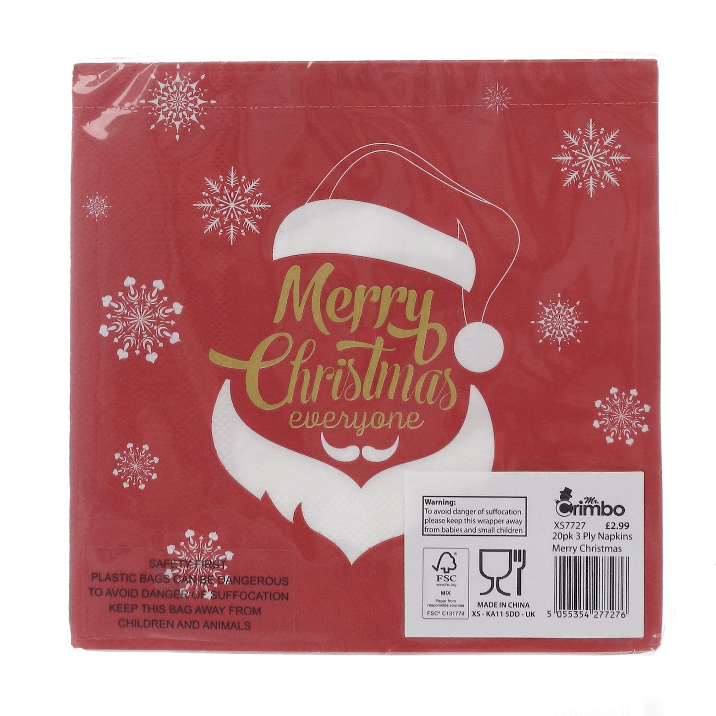 20 pack of napkins featuring merry christmas slogan in cellophane packaging