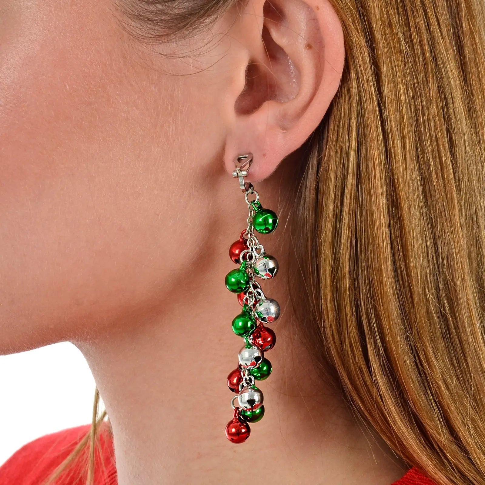 model wears long bauble earrings in red, green and silver featuring clip on attachment