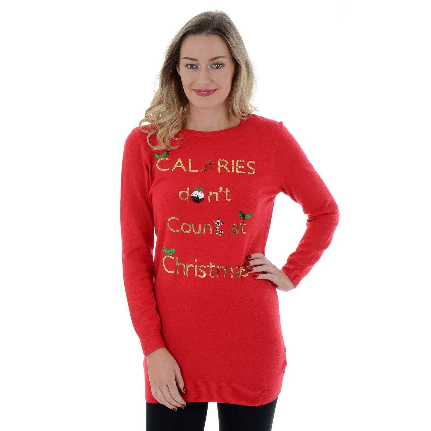 Mr Crimbo Ladies Longline Calories Sparkly Christmas Jumper - MrCrimbo.co.uk -VISILW186_F - Red -festive knit