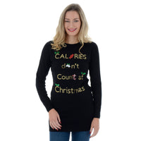Mr Crimbo Ladies Longline Calories Sparkly Christmas Jumper - MrCrimbo.co.uk -VISILW186_A - Black -festive knit